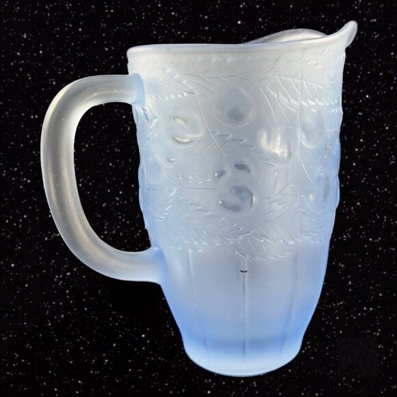 Vintage Light Blue Satin Frosted Glass Raised Cherries Leaves Carafe Pitcher Jug - Picture 6 of 12